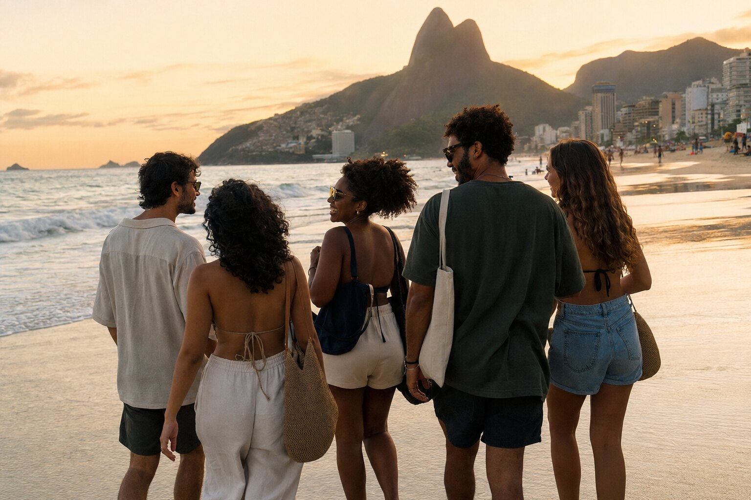 Amigos caminhando na Praia do Leblon