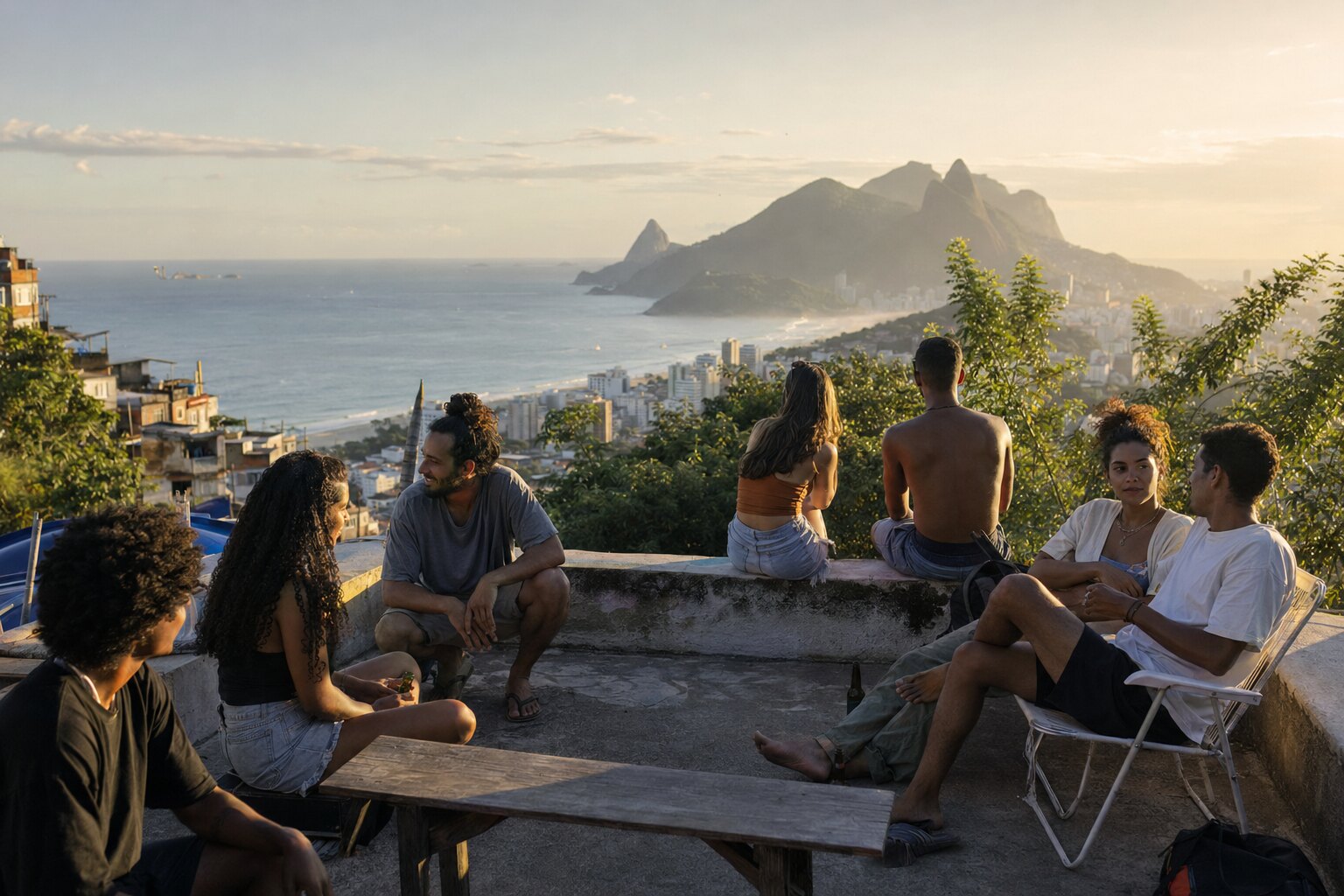 Amigos reunidos em um mirante no Vidigal