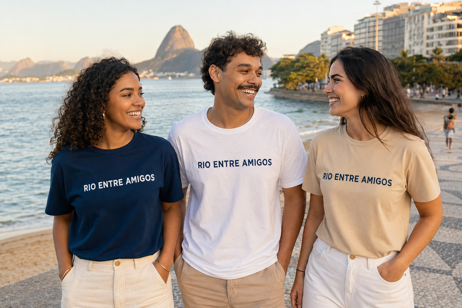 Amigos no Rio de Janeiro usando camisetas do Clube de Embaixadores